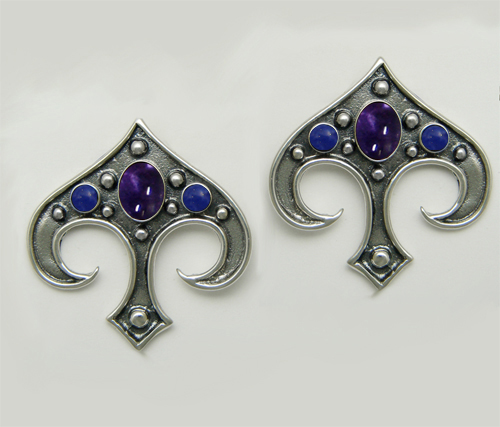 Sterling Silver Gothic Inspired Drop Dangle Earrings With Iolite And Lapis Lazuli